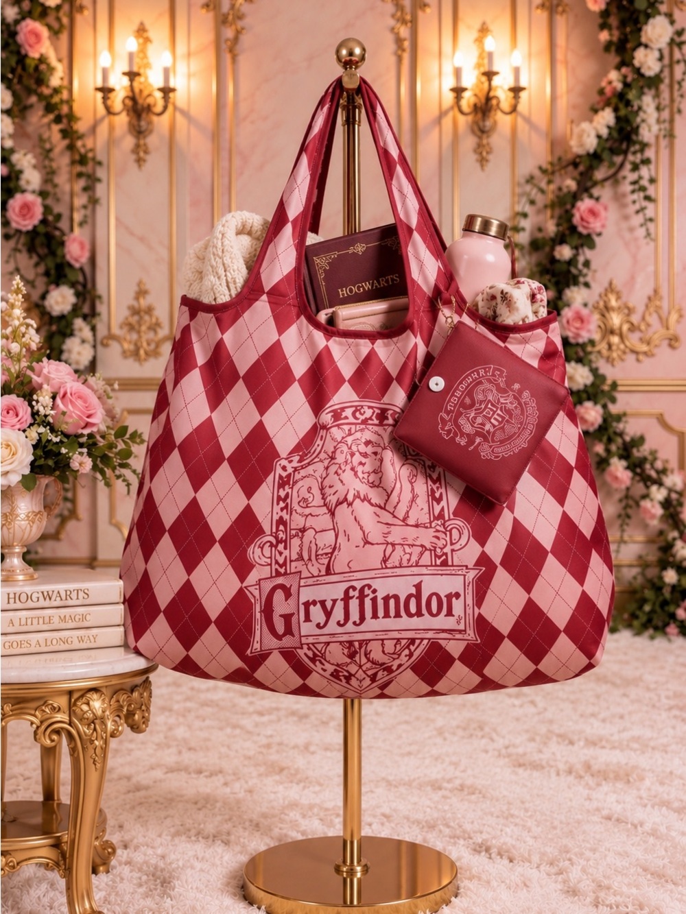 Harry Potter Gryffindor Argyle Foldable Tote Bag with Matching Pouch – Burgundy
